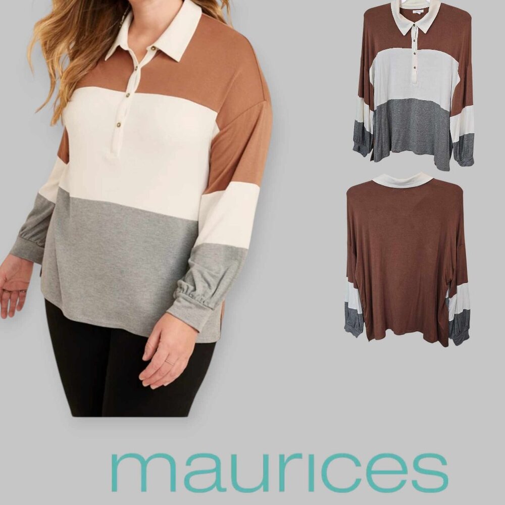 MAURICES Plus Size Rugby Colorblock Henley Long Sleeve Straight Hem Womens 2X